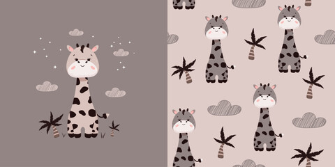 Children's set. Background and seamless pattern with cute giraffe. Vector design for cards, posters, baby bedding, fabric, wallpaper, wrapping paper and more.