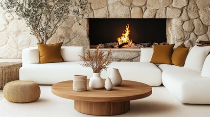 Modern rustic interior, cozy living room, stone wall, panoramic windows, mountain view, fireplace, wooden coffee table, beige sofa, earth tones, minimalist decor, natural materials, warm lighting, win