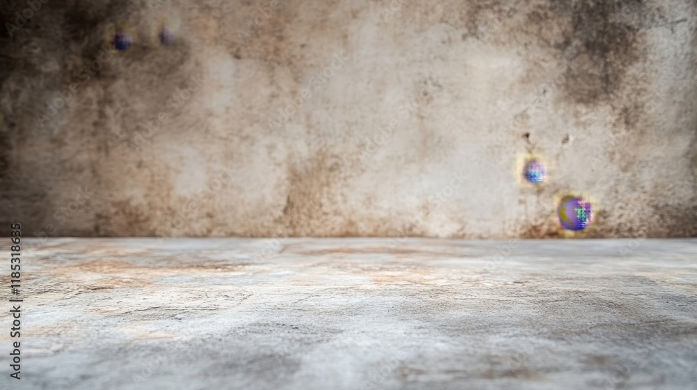 Poster a textured wall and floor create an industrial backdrop with subtle color highlights.