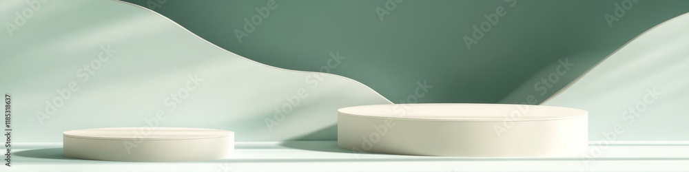 Poster minimalist display with two circular platforms against a soft, wavy background.