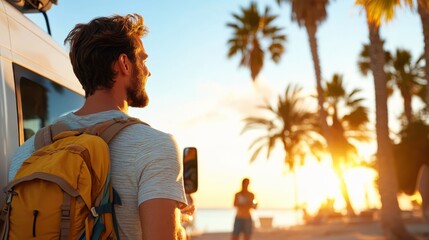 Friends embarking on a beach road trip in California under the sunset