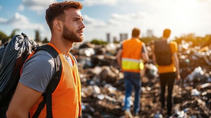 Naklejka premium Young volunteers cleaning a dirty dump with hope and determination