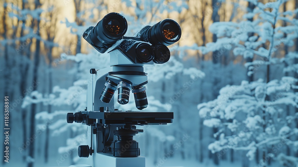 Poster advanced microscope in snowy winter forest setting