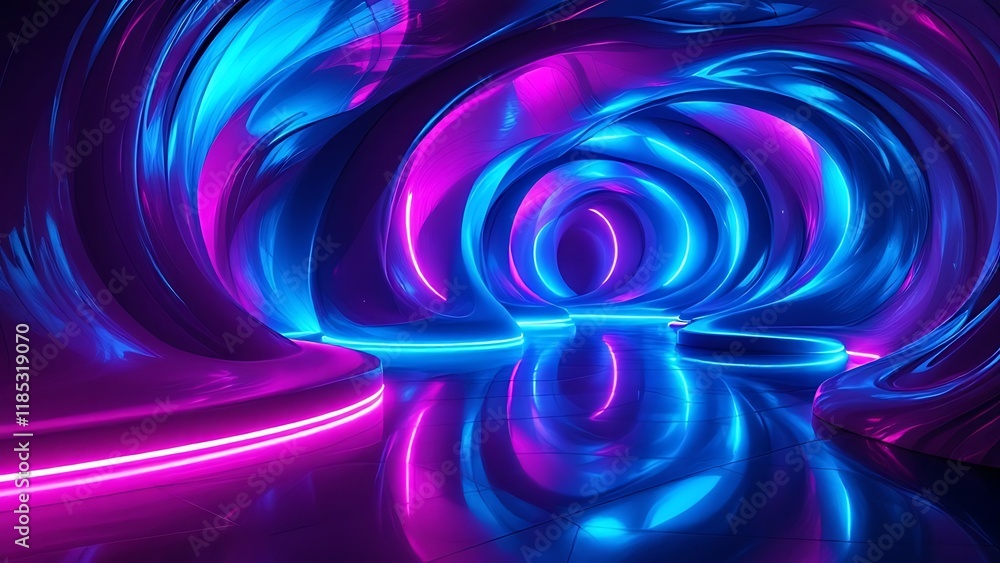 Poster a 3d rendering of futuristic blue and purple neon light shapes on a reflective concrete surface agai