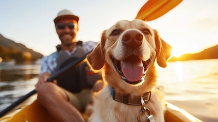 Man enjoys peaceful canoeing trip with his happy dog at sunset