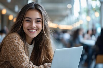 Happy female college student e-learning on laptop at campus and looking at camera. Generative AI
