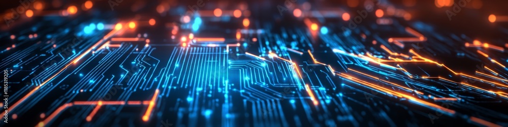 Poster abstract representation of a circuit board with glowing lines and nodes.