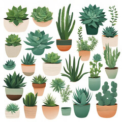 Fototapeta premium A collection of various succulent plants in decorative pots, including aloe, cactus, and agave, creating a refreshing and modern botanical display, perfect for home decor.