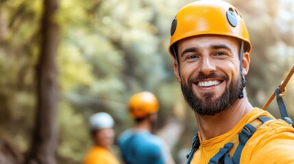 Excitement of zip-lining as man embraces the thrill of adventure in nature