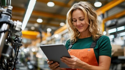 Skilled mechanic uses tablet to repair motorcycle in workshop