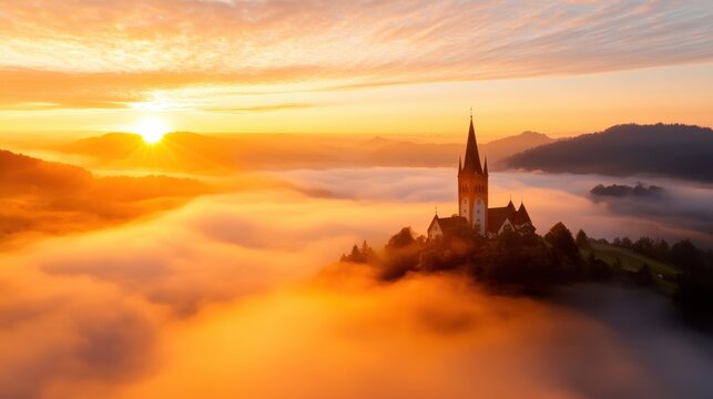 Majestic medieval castle rises above fog at sunrise in serene landscape
