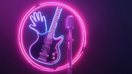 Neon Guitar Microphone Hand Sign In Circle