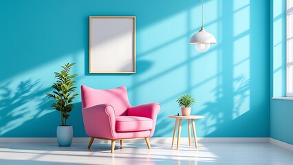 A 3D rendering of a stylish living room interior with a pink armchair, modern furniture, and an empty blue wall mock-up serves as a background for stock photos