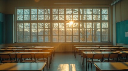 Golden Hour Classroom: Sunlight Streaming Through Large Windows Illuminating Empty Desks