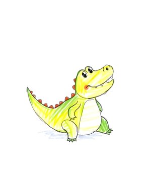 Minimalist children's drawing illustration, Cute crocodile wax crayon sketch. Blank white background,illustration srock