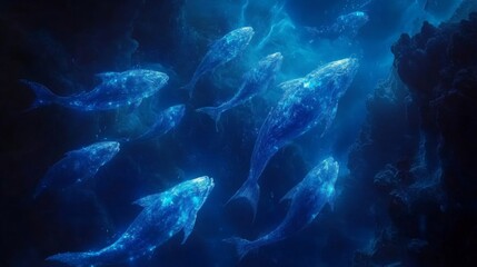 Obraz premium Glowing Fish School in Deep Ocean