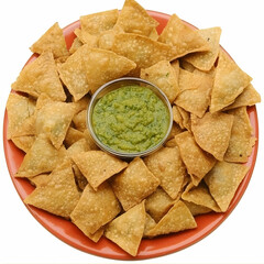 Crispy triangular snacks, green dip, plate, studio shot, appetizer