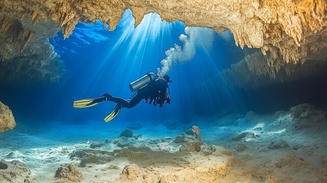 Underwater Cave Exploration: Scuba Diver in Sunlit Ocean Grotto