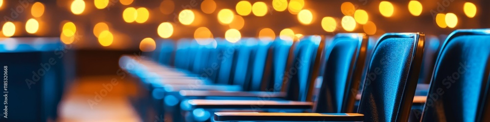 Aufkleber A row of empty chairs with a warm bokeh background, suggesting an event setting.