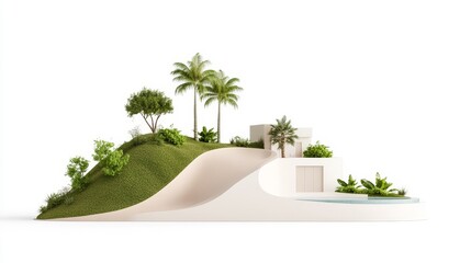 Fototapeta premium Modern minimalist architecture on a lush green hill featuring tropical plants, serene water features, and harmonious integration with nature in bright white background
