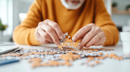 Focused woman enjoys assembling a challenging jigsaw puzzle indoors
