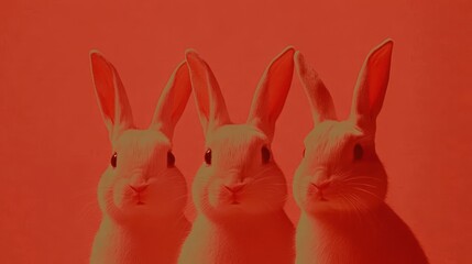 Obraz premium Three White Rabbits on Red Background in Minimalist Abstract Style