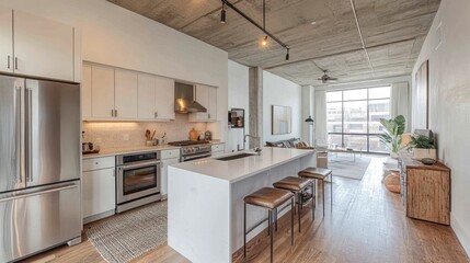 Fototapeta premium Modern kitchen island, hardwood floors, and open living area with large window.
