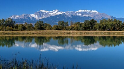 Fototapeta premium Scenic view of mountains reflecting in a calm lake under a clear blue sky.