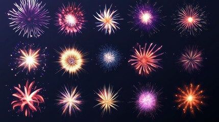 Collection of colorful firework bursts.