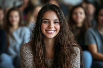 Obraz premium Young happy woman receives support from attenders of group therapy at mental health center. Generative AI