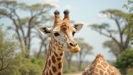 A majestic giraffe's face fills the frame, with gentle brown spots scattered across its long, sleek neck, gazing off into the distance at the bottom right