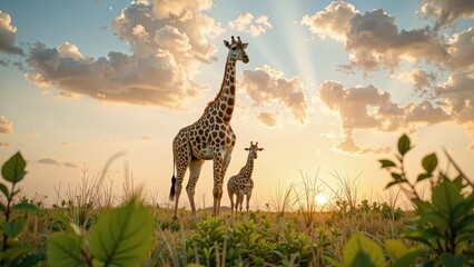 Obraz premium A majestic giraffe stands tall in a lush green field, its long neck sporting distinctive brown spots as it gazes off into the distance