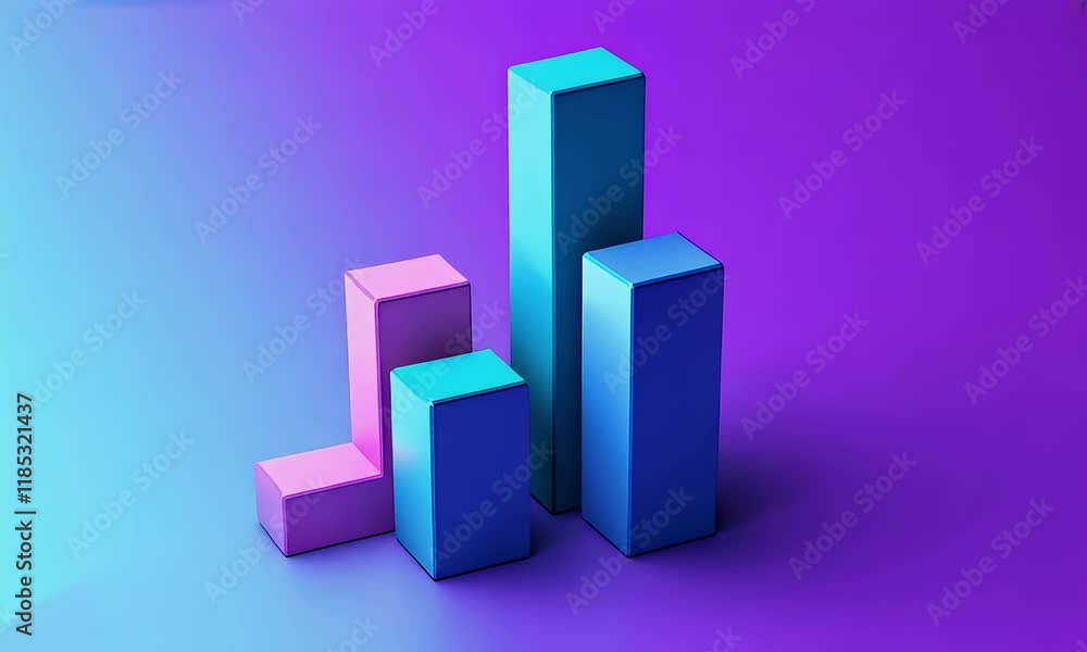 Poster abstract 3d bar graph with pink and blue cubes on gradient background.