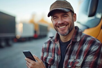 Happy truck driver using cell phone on parking lot and looking at camera. Generative AI