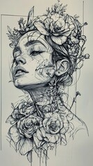 Fototapeta premium Pen and Ink Portrait of a Woman Adorned with Flowers