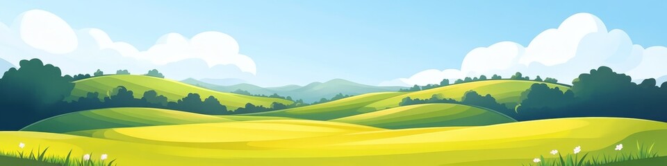 Obraz premium A vibrant, cartoon-style landscape with rolling hills, green fields, and a clear blue sky.