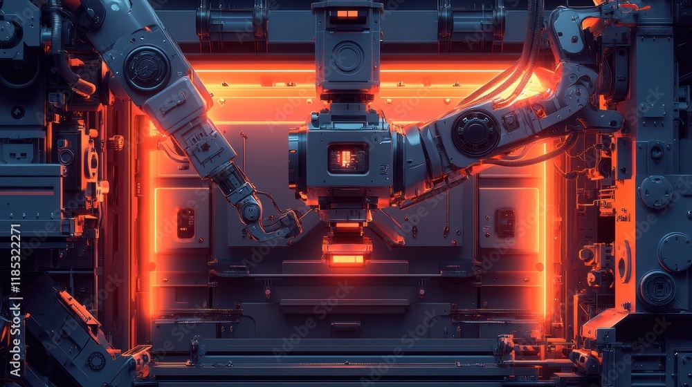 Poster robotic arms manipulating a glowing object within an industrial machine.