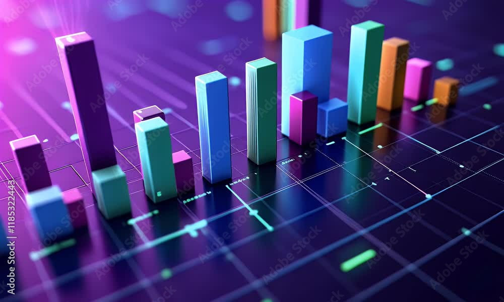 Poster abstract 3d bar graph with vibrant colors on a dark background.