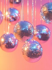 Fototapeta premium Hanging Disco Balls on Pink Background with Sparkling Lights