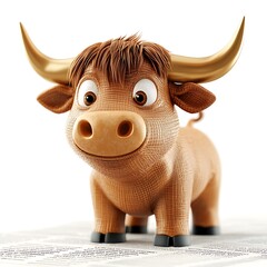 A cheerful cartoon bull with golden horns stands on a document, symbolizing financial success and prosperity.