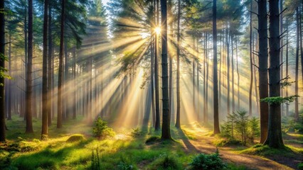Obraz premium Misty forest morning with light beams filtering through dense trees creating shadows and highlights, mist, foggy, forest