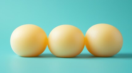 Three Spheres: A Minimalist Composition of Smooth Yellow Balls on a Cyan Background. A Study in Geometric Shapes and Pastel Colors.