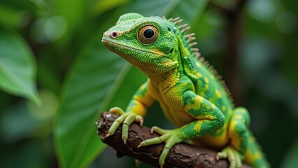 Naklejka premium A vibrant green and yellow gecko perches on a branch, its curious gaze directed left as it surveys its surroundings with a mottled coat of bright spots