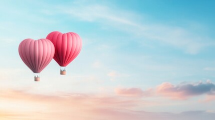 Obraz premium Two Charming Heart-Shaped Balloons Floating in a Serene Sky at Dusk, Creating a Dreamy and Romantic Atmosphere with Soft Pastel Colors