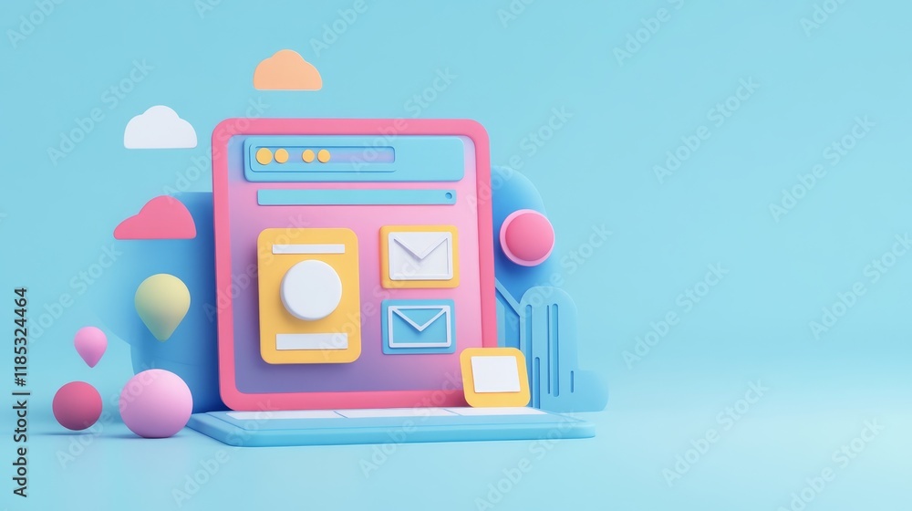Poster a colorful 3d illustration of a user interface with various icons and elements.