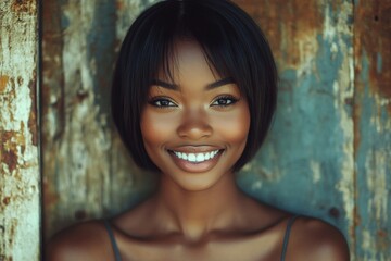Fototapeta premium Short haircut - straight hair. Attractive smiling black girl - for ads, banner and social apps banner use. Commercial commercial conceptual art. African american creativity advertising.