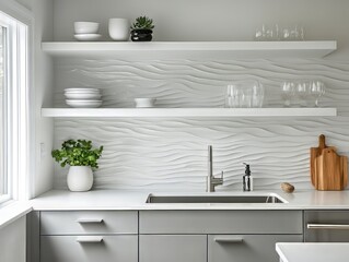 Modern Kitchen Design With White Shelves And Wave Pattern Backsplash