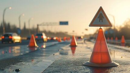 photo of traffic warning signs illuminated by colorful bokeh lights in the background, with a blurred cityscape and retro-toned color filter creating a nostalgic atmosphere of urban travel