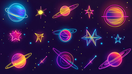 Bright Neon Icons of Planets and Stars in a Cosmic Theme