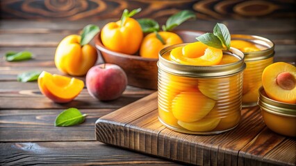 Canned yellow peaches in sweet syrup ,  canned fruit, peaches, preserved, canned food, sweet, syrup, dessert, yellow